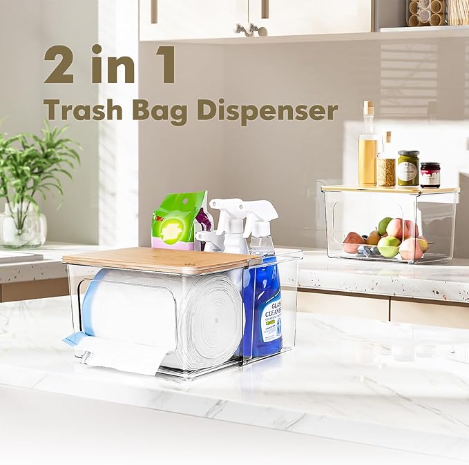 iCASA Trash Bag Dispenser Holder - 2 in 1 Acrylic Under Sink Organizer Garbage Bags Container with Bamboo Lid, Holds up to 100 Count 13/30/33 Gallon Bag Roll for Kitchen, Pantry, Laundry Room Storage