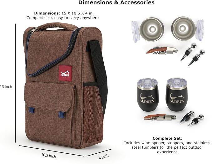 Insulated Wine Cooler Bag Set – 3 Bottle Wine Travel Tote or 2 Bottles with 2 Tumblers – Thermal Wine Carrier with Corkscrew & Stoppers for Picnic and Wine Gifts