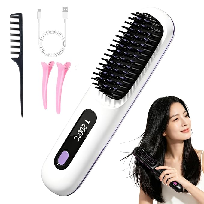 Hair Brush for Short Hair, Straightener Brushs for Travel (White) | LCD Temperature Display, Fast Heating Cordless Mini Hair Brushs