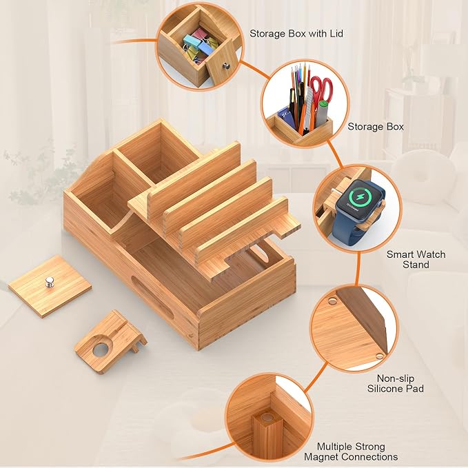 Bamboo Charging Station for Multiple Devices with 5 Port USB Charger, 5 Charger Cables and Smart Watch Stand. Wood Desktop Dock Stations Electronic Organizer for Cell Phone, Tablet, Watch, Office