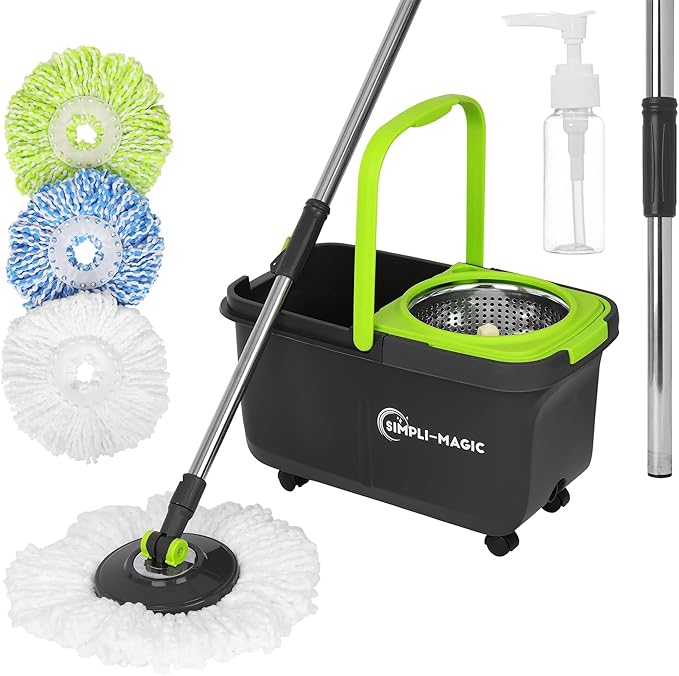 Simpli-Magic 360° Spin Mop and Bucket with Wringer – 3 High-Absorbent Microfiber Washable Heads, Soap Dispenser – Spinning Mop and Bucket Set for All Types Floor Cleaning