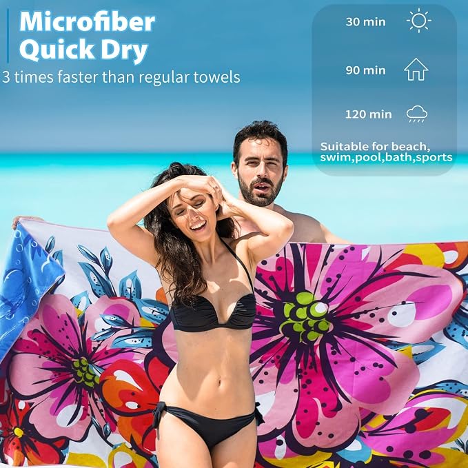 TwoYek Microfiber Beach Towel Extra Large 71x32 inches Floral Print | Thin & Lightweight, Sand Free, Super Absorbent Quick Dry, Oversized Towel for Beach Bath Pool Swim Travel Accessories Gifts