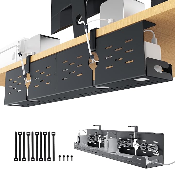Univivi Under Desk Cable Management Tray - 32" Steel Cord Organizer, No-Drill C-Clamp & Screw Mount for Office/Home, Effortless Wire Management (Black)