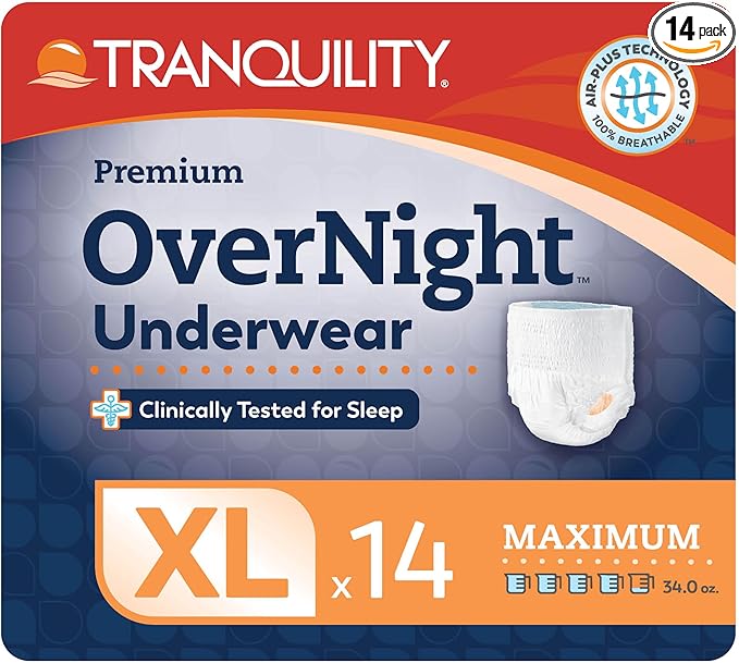 Tranquility Premium Overnight Disposable Absorbent Underwear (14 Count) - XL, 48-66 in. Waist - Maximum Absorbency, All-Night Sleep, Breathable Comfort, Adult Diapers