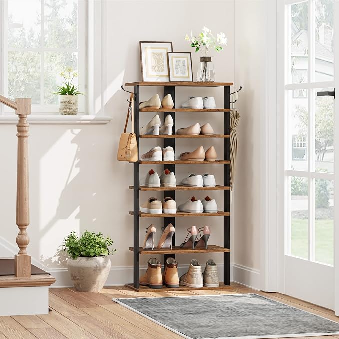 HOOBRO 8 Tiers Vertical Shoe Rack, Wooden Shoe Storage Organizer with Hooks, Narrow Shoe Tower for 16 Pairs, Space Saving, for Entryway, Living Room, Bedroom, Rustic Brown BF750XJ01