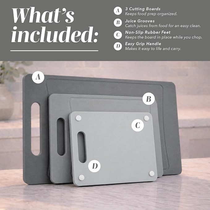 COOK WITH COLOR Non-Slip Cutting Board Set – Kitchen Essentials with Easy Grip Handle for Meat, Veggies, and Fruits, 3 Cutting Boards, Gray