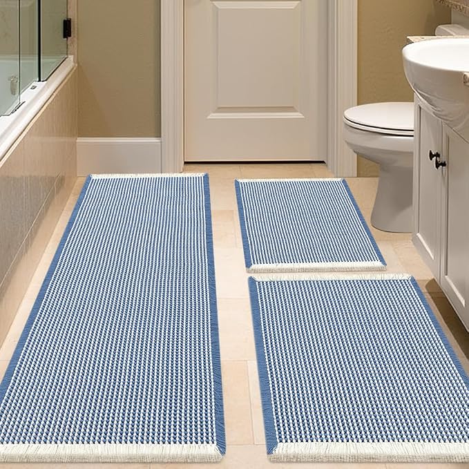 IM HOME Waffle Bath Mat Set 3 Piece Blue & Cream,Woven Modern Bath Rug Mats, Absorbent Non Slip Bath Floor Mat, Soft Washable Boho Bath Rugs with Tassels for Bathroom, Bedroom, Kitchen, Tub