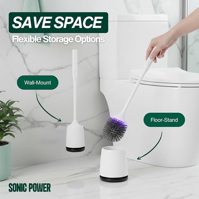 SonicPower Electric Toilet Brush & Scrubber – Self Cleaning Silicone Toilet Bowl Brush with UVC Light, Rechargeable Wireless Spinning Toilet Brush & Holder Set, Wall Mount or Floor Standing (2 Pack)