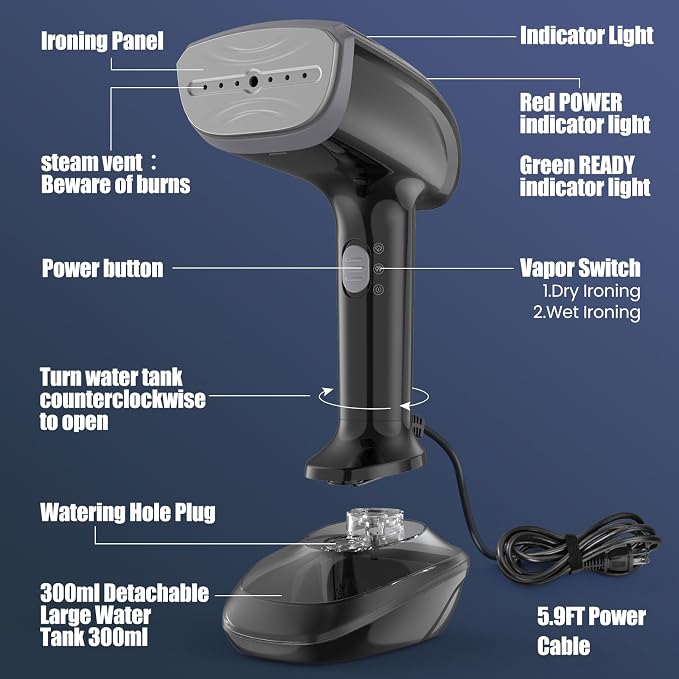 Powerful Handheld Fabric Steamer - 1800W with Fast Ceramic Heat-Up Plate, 2-in-1 Ironing & Wrinkle Remover, Steam Nozzle, Lint Brush - Black, for US 120V Only