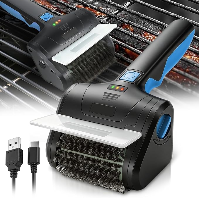 Auto Dynasty Cordless Electric Grill Brush, 304 Stainless Steel BBQ Brush with Rotating Scrub Head, Rechargeable, Type-C Fast Charging for Gas/Charcoal/Outdoor Grill, Blue/Black