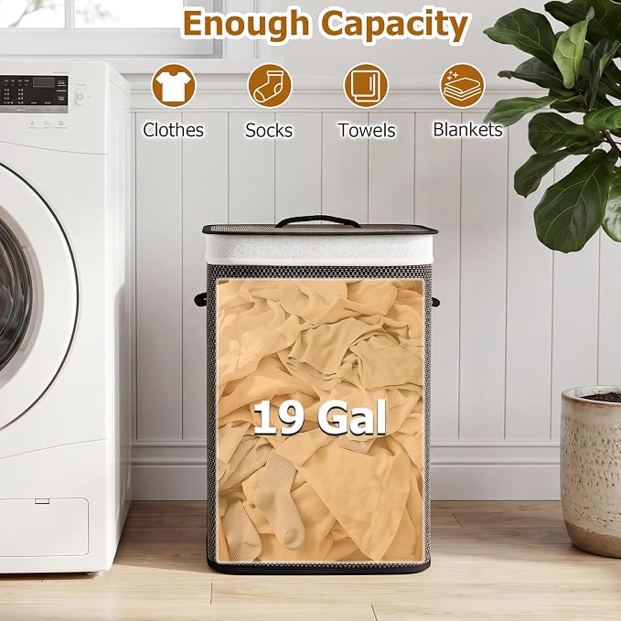 Giantex Bamboo Laundry Hamper with Lid, Removable Liner & Portable Handles | 19 Gal Large Capacity Clothes Hamper, Rectangular Laundry Basket for Bedroom Bathroom Laundry Room, Dark Taupe