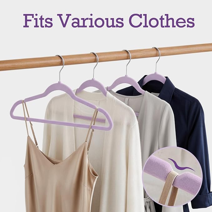HOUSE DAY Lt-Purple Velvet Hangers 60 Pack, Non Slip Clothes Felt Hanger Heavy Duty for Coat, Premium Slim Space Saving Suit Hangers for Closet Organizer, 360° Rotating Silver Hook
