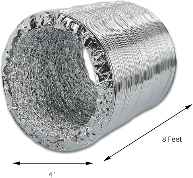 PVC Flexible Aluminum Duct Hose 4 Inch 8 Feet For HVAC Ventilation and Exhaust With 2 Clamps