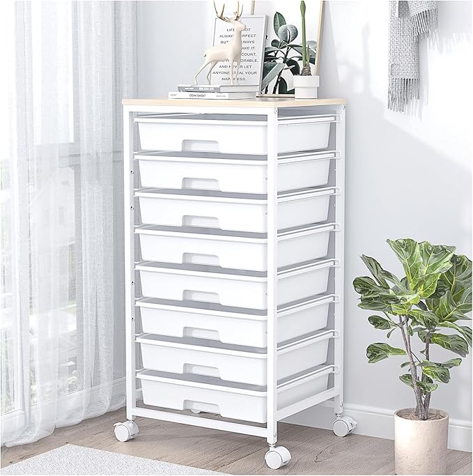 SYKIARIOL Rolling Storage Cart with Drawers,Utility Cart With 8 Drawers and Wooden Tabletop,Rolling Drawer Cart,Storage Drawer Cart for Living Room,Classroom,Bedroom,Bathroom,Dorm,Office,White