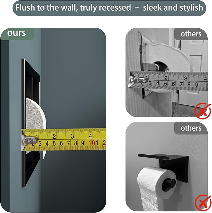 Neodrain Dual Roll Recessed Toilet Paper Holder - 304 Stainless Steel Hidden in-Wall Design Simple Loading and Unloading Space-Saving for Modern Bathrooms (Black)