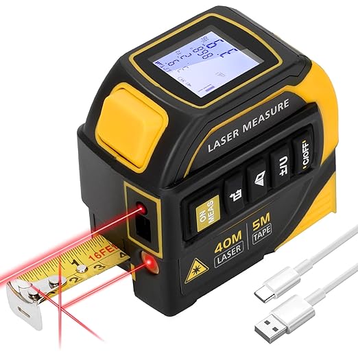 4-in-1 Laser Tape Measure with Level and Crosshairs, 16FT AutoLock Measuring Tape and 130FT Laser Measurement Tool with Large LCD Display, Area, Volume, Pythagorean, Cosine