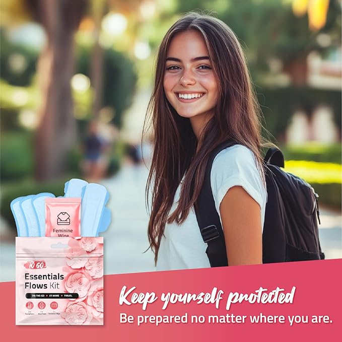 Essential Flows Period Kit - 3 Pantyliners, 2 Maxi Pads & Feminine Wipe | Hygiene Essentials for School, First Period