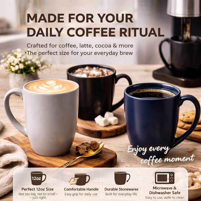 AmorArc 12 OZ Coffee Mugs, Matte Gray Coffee Cups with Large Handle for Man, Woman, Ceramic Coffee Mugs Set of 12 for Latte/Cappuccino/Cocoa/Milk, Dishwasher & Microwave Safe