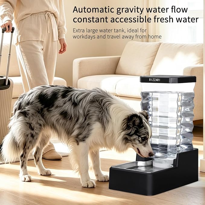 RIZZARI 10L Gravity Dog Water Bowl Dispenser: Wide Mouth Filter-Free Design | Stable Anti-Spill Base/Dishwasher Safe Bowl / Multi-Pet Friendly Design/Travel & Workday Ready /Low Maintenance Daily Use