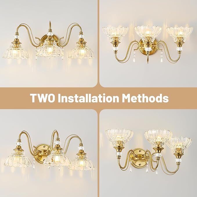 Vintage Bathroom Vanity Light, 3-Light Brushed Gold Finish Wall Sconce with Hanging Crystal Accents and Flower-Shaped Clear Glass Shades, Retro Wall Mount Vanity Light Over Mirror for Bathroom