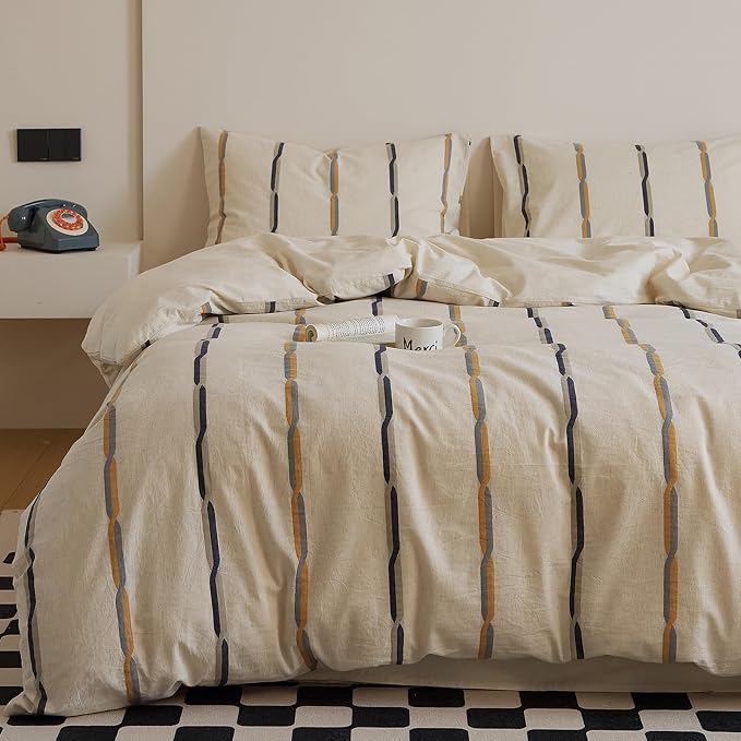 mixinni Cotton Linen Jacquard Duvet Cover Set King, 3-Piece Mid-Century Modern Bedding, Vintage Striped Bohemian Duvet Cover with 2 Pillowcases, All-Season Breathable Comforter Cover-King Size