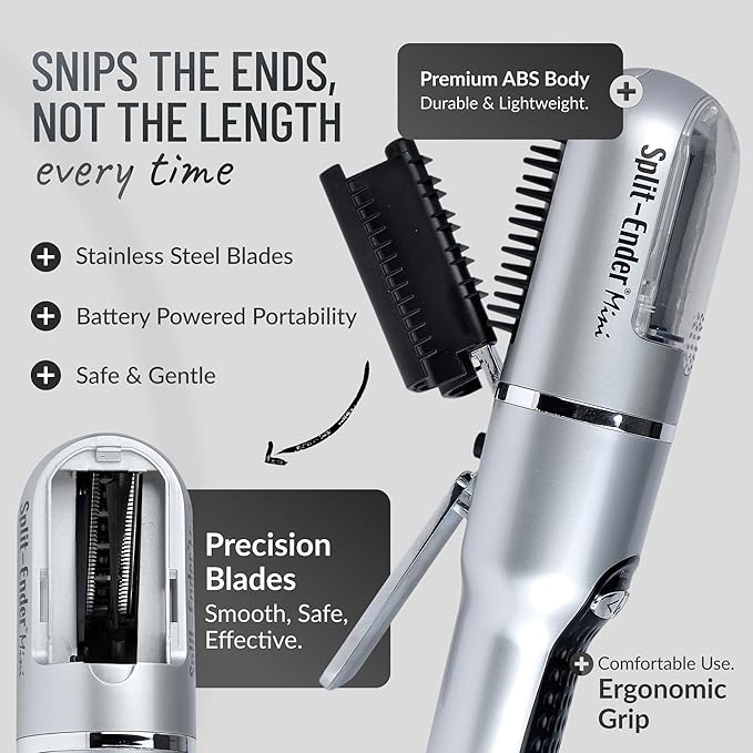 Split-Ender Mini – Original Cordless Split End Hair Trimmer for Dry, Damaged, Brittle, Frizzy, Curly or Straight Hair 3 AAA Battery Operated Hair Clipper for Home Use – Silver