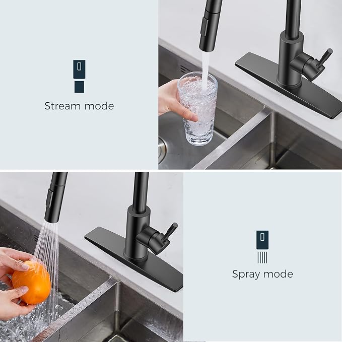 FORIOUS Black Kitchen Faucet with Soap Dispenser, High Arc Modern Sink Faucet with Pull Down Sprayer and Deck Plate, Stainless Steel Fit for 1 or 3 Hole for Pot Filler Bar Farmhouse Laundry Rv