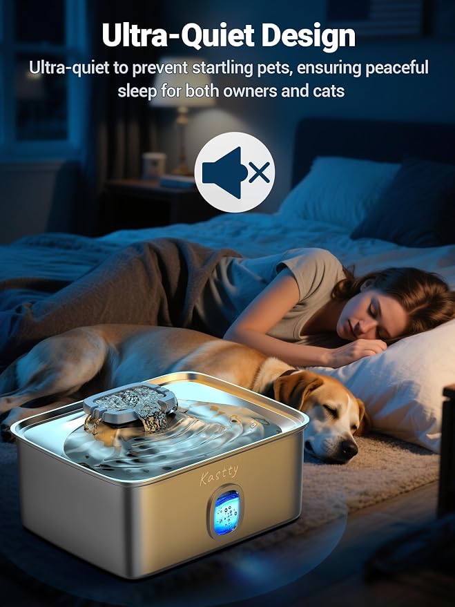 Kastty 4 Gal/15L Stainless Steel Dog Water Fountain for Large Dogs | Dog Water Bowl Dispenser Triple Filtration,Ultra Quiet Automatic Pet Water Fountain with Water Level Window&LED Light(FS76)