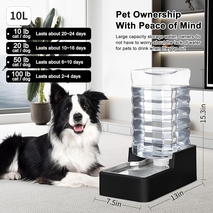 10L Automatic Dog Water Dispenser for Dog: No Filter | No Electricity Required/Gravity-Fed Refill/Spill-Resistant/Detachable for Cleaning/Stable Anti-Tip Base/for Daily Hydration