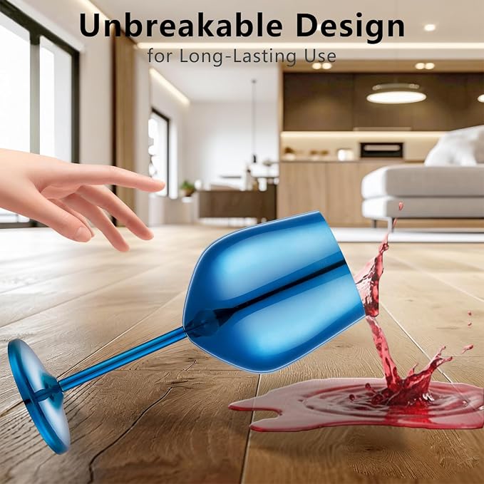 UNISWEET Unbreakable Stainless Steel Wine Glasses Set of 2, Blue | 17oz Unique Fancy Metal Wine Goblets, Shatterproof, Ideal for Outdoor, Camping, Travel, Pool, Great Gift for Wine Lovers