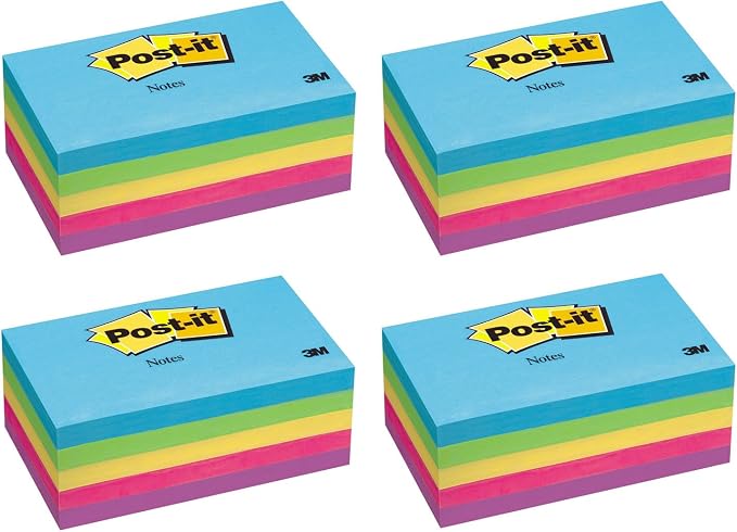 Post-it Notes, 3 x 5", Assorted Ultra Colors, 5-Pads/Pack, 4 Packs (655-5-UC)