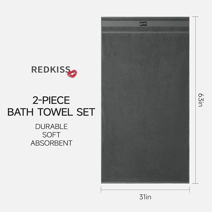 REDKISS 2 Pack Large Bath Towels Set, 100% Cotton, 31x63 in, Heavyweight 760G, Highly Absorbent & Quick Dry, Super Soft Luxury Towels for Bathroom,Hotel Collection - Gray Green
