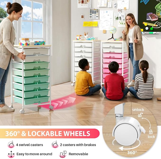 Goovilla Rolling Cart with Drawers, Utility Cart Organizer With 8 Removable Drawers and Wooden Tabletop, Lockable Rolling Storage Organizer for Art, Classroom, Home, Dorm, Office, Craft Storage, White