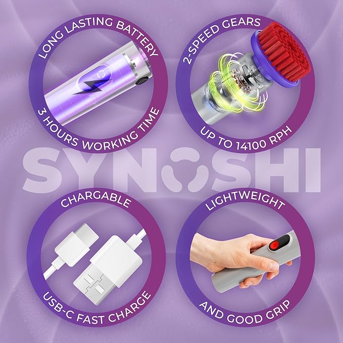 Synoshi PRO Electric Spin Scrubber with Magic Sponge, Cone Round and Steel Brushes