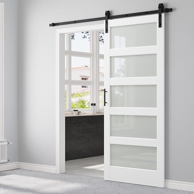 36" x 84" 5-Lites Frosted Glass Sliding Barn Door with 6.6FT Hardware Kit & Handle, Easy Assembly for Mortise and Tenon Structure, Water & Scratch Resistant MDF Barn Doors for Bathroom, Pre-Drilled