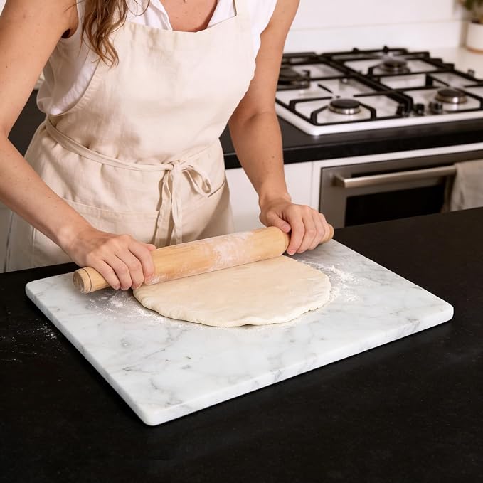Marble Cutting Board for Kitchen 16×12 Inch Italian Carrara White | Natural stone, 0.59" thick, non-slip feet, stay cool for dough/butter, ideal for pastry, cheese, charcuterie, pizza, bread