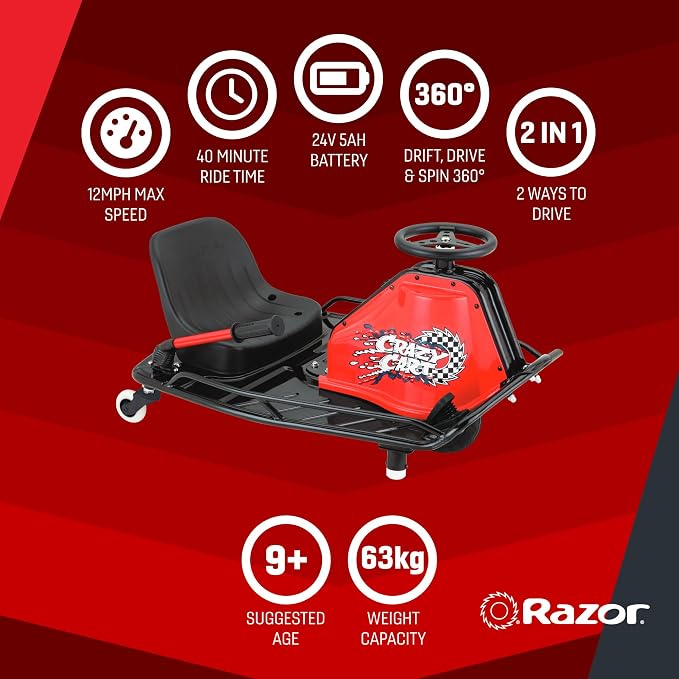 Razor Crazy Cart Sport - 24V Electric Drifting Go Kart, Variable Speed, Up to 12 mph, Up To 40 Minutes of Continuous Use, Drift Bar for Controlled Drifts, Ages 9+