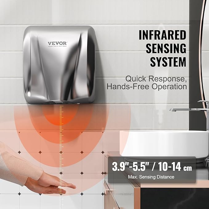 VEVOR Heavy Duty Commercial Hand Dryer, 1300W Automatic High Speed Stainless Steel Warm Wind Hand Blower, 120V Plug in/Hardwired Two Power Options, Compliant for Industry Business Restrooms