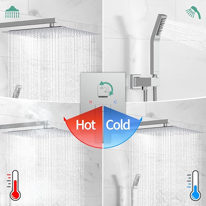 SR SUN RISE Polished Chrome Square Rainfall Shower Head and Handle Set, Wall Mounted Shower Fixtures, Metal Shower Faucet Trim Repair Kits (With Shower Valve) 16 Inches