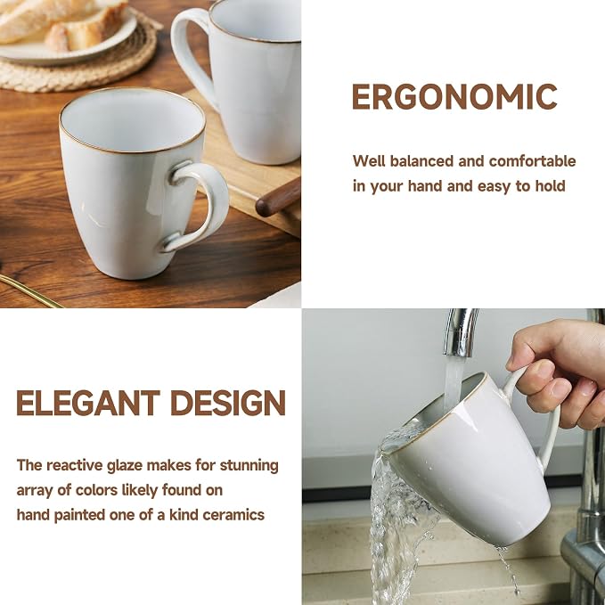 MONITO 17oz Ceramic Coffee Mugs Set of 6, Vintage White Mugs with Handle | Mugs with Gold Rim for Latte,Tea&Cocoa,Dishwasher&Microwave Safe,Reactive Glaze Cups,Ideal Gift for Office and Home Use