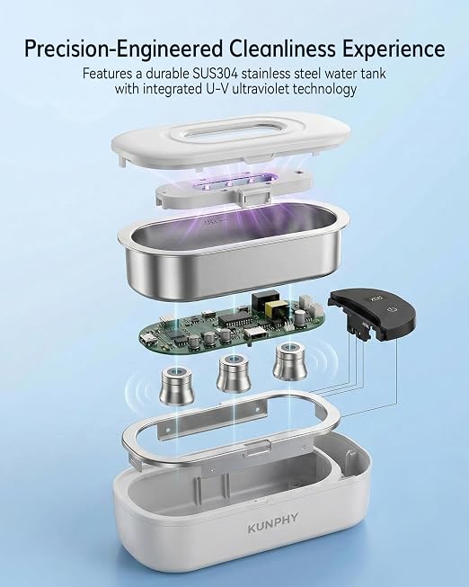 KUNPHY Jewelry Cleaner, 48KHz U-V Ultrasonic Cleaner Machine with Digital Display, Dual Cleaning Modes, 304 Stainless Steel Tank for Jewelry, Eyeglasses, Rings, Retainers, Dentures