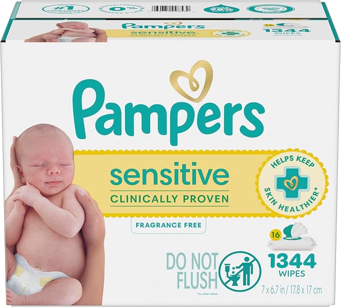 Pampers Sensitive Baby Wipes, Clinically Proven, Fragrance Free, Unscented, Water Based, Hypoallergenic, Multi-Use, Hand Wipes 1344 Wipes Total (24X Flip-Top Packs) [Packaging May Vary]