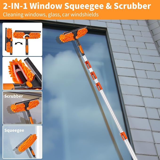 4-30 Ft Window Squeegee Cleaning Kit, Window Washing Kit with Extension Pole, 2-in-1 Window Cleaner Tool with Long Handle Scrubber for Outdoor Indoor Use (Microfiber Feather Duster & Cobweb Duster)