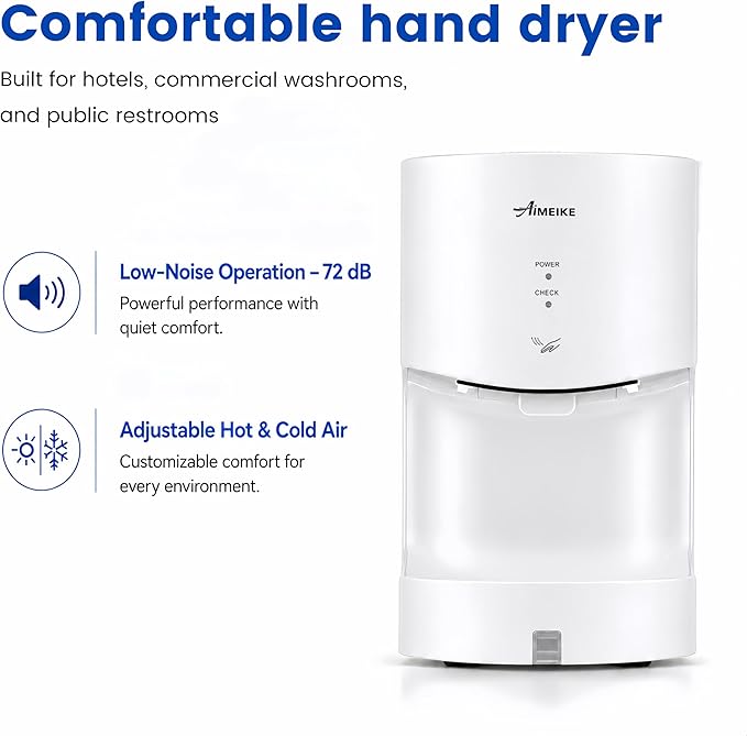 Automatic Commercial Wall Mounted Hand Dryer with Drip Tray, Compact High Speed 110V 1300W, Adjustable Hot & Cold Air, Low Noise for Bathroom & High-Traffic Restrooms,White