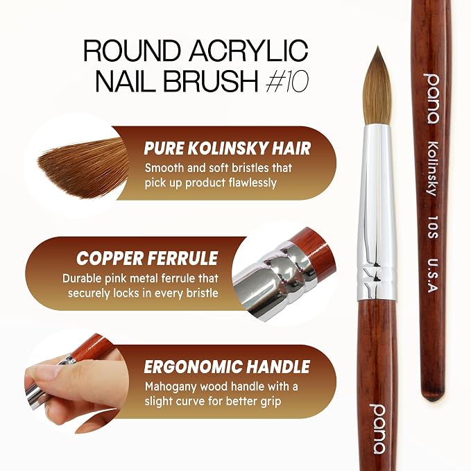 pana USA Acrylic Nail Brush100% Pure Kolinsky Hair Mahogany Wood Handle with Silver Ferrule Round Shaped Style (Size # 10, Mahogany)