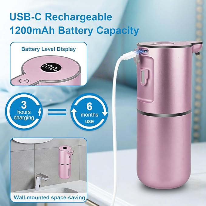 OHIFAST Automatic Foaming Soap Dispenser Touchless, USB Rechargeable Smart Hand Soap Dispenser, 6-Level Adjustable, 12.8oz/380mL Wall Mounted for Bathroom Kitchen Dish Soap-Rose Gold