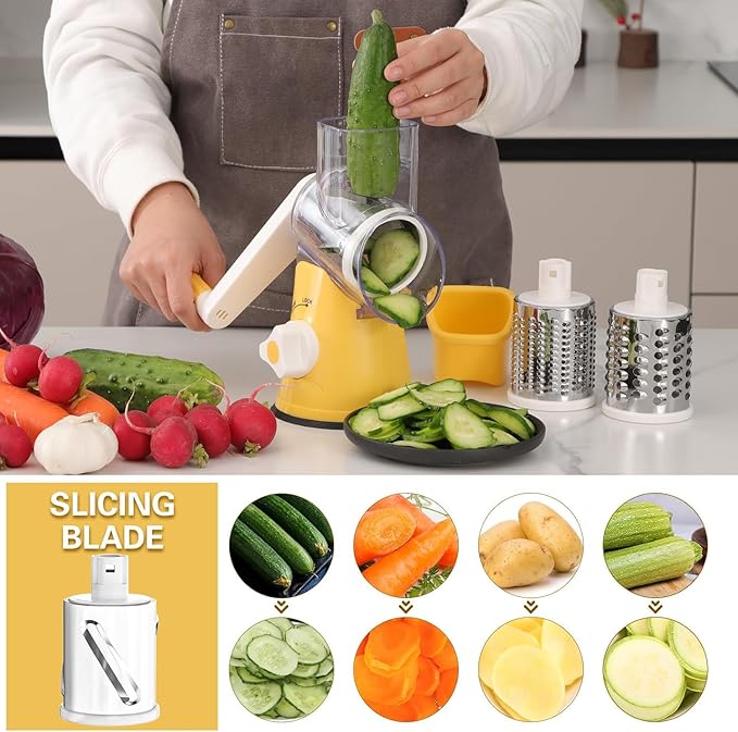 Cambom Rotary Cheese Grater Hand Crank Cheese Shredder for Fresh Cheese, Vegetable, Nuts,Non-slip Suction Base, Free Cleaning Brush Three Blades,Yellow