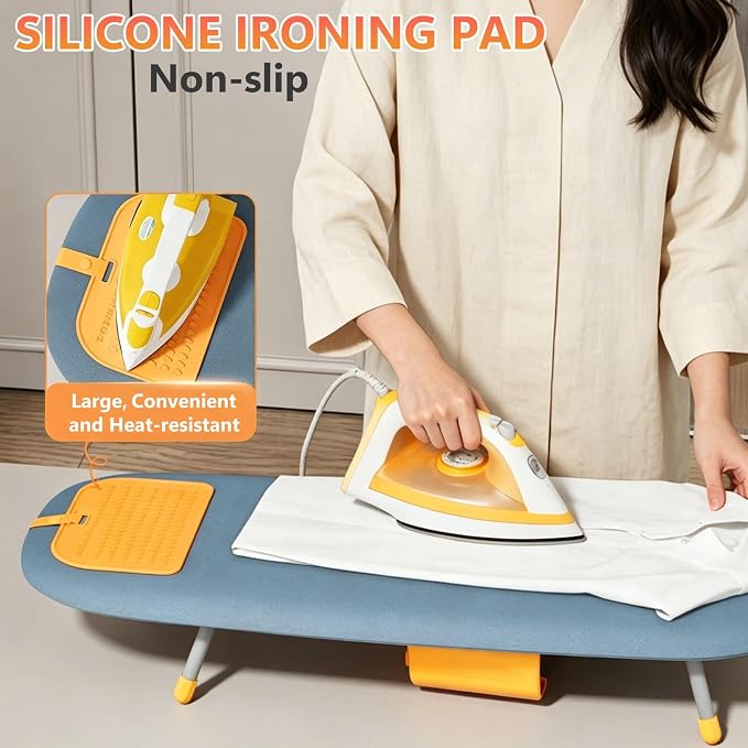 Small Ironing Board with Iron Holder, Tabletop Ironing Board with Iron Rest Pad, Compact Foldable Iron Board for Travel Home with Protective Press Cloth Sapce Saving (Grey)