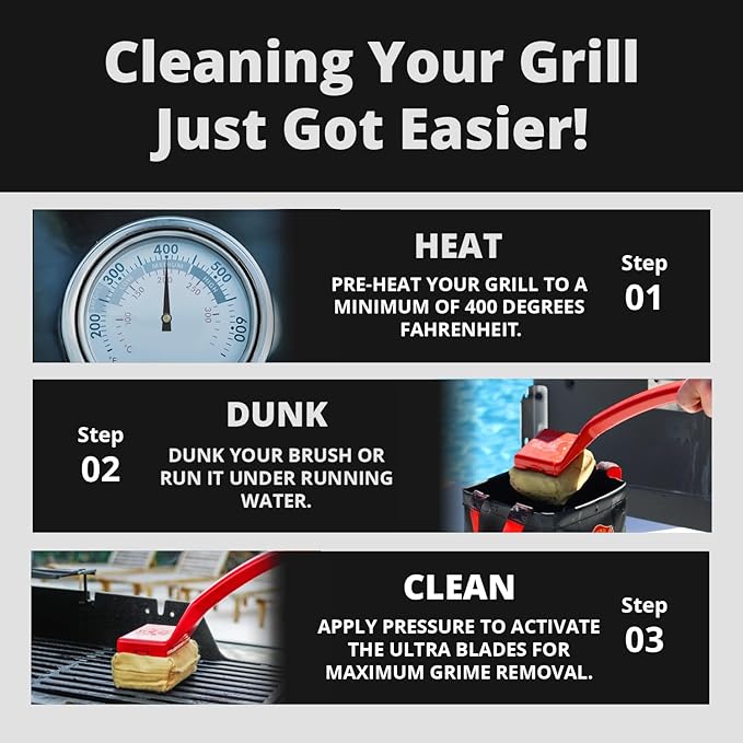 Grill Rescue BBQ Replaceable Cleaning Head, Bristle Free - Durable and Unique Grill Tools for Cast Iron or Stainless-Steel Grates, Barbecue Cleaner (Red Ultra Head)