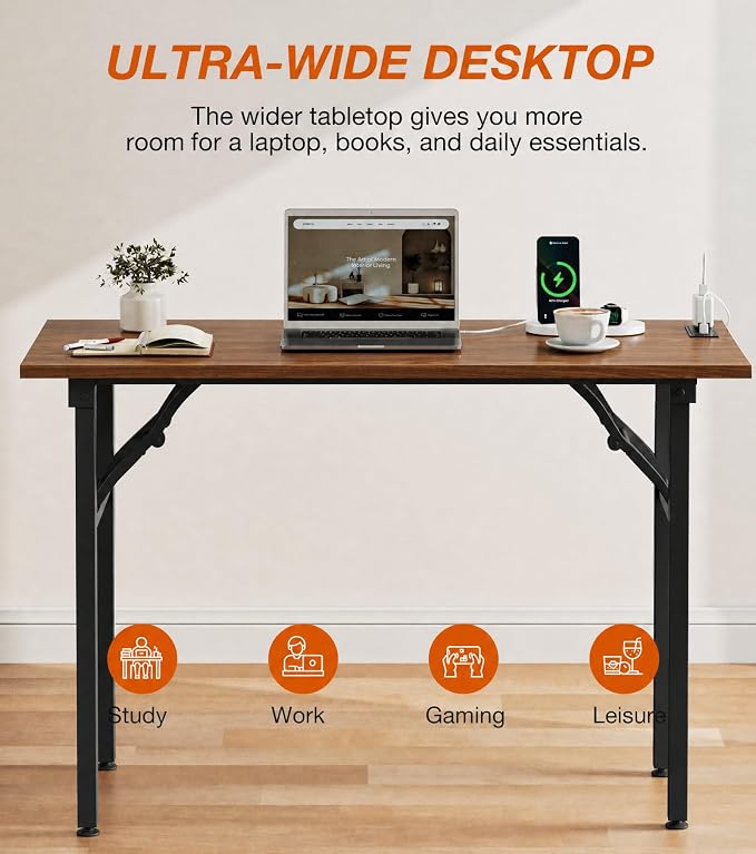 XBurmo Small Folding Desk Folding Table, No Assembly Foldable Desk Gaming Desk, 43.3-Inch Computer Table Workstation with 2 AC Outlets and 2 USB Ports for Bedroom and Home Office, Dark Walnut